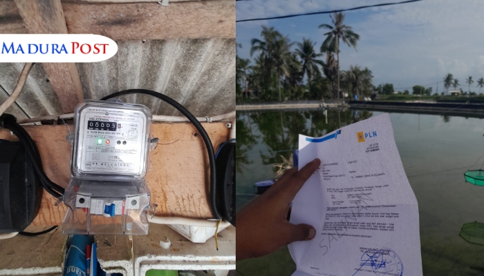 KOLASE. Potret KWH meter milik Jailani dan surat teguran dari PLN Sumenep untuk pengusaha tambak.(M.Hendra.E/MaduraPost)