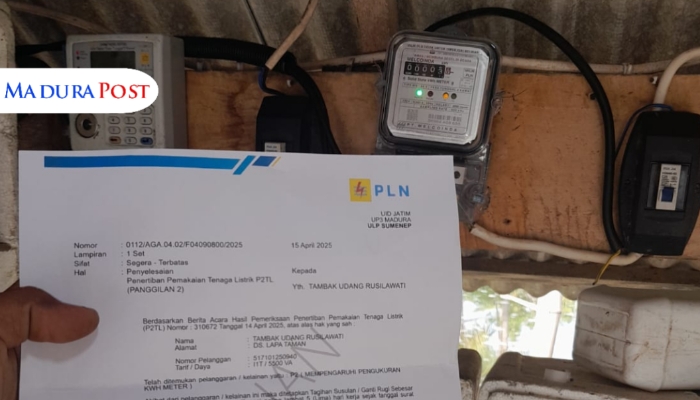 DITAGIH. Potret tagihan tunggakan dari PLN Sumenep untuk KWH di tambak milik Jailani. (Istimewa for MaduraPost)