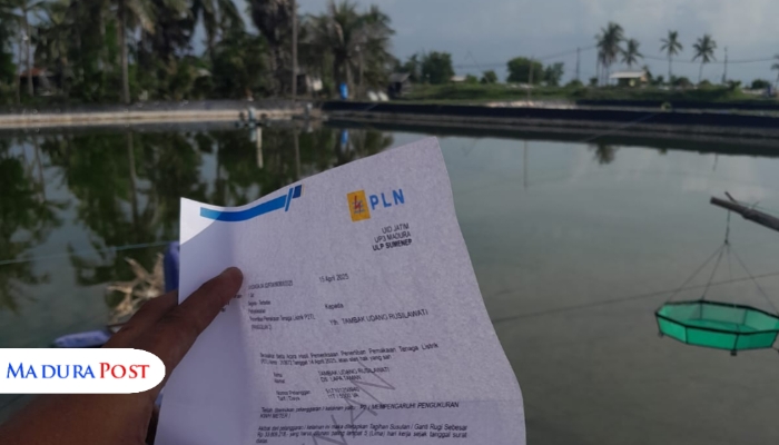 BUKTI. Potret surat panggilan dan denda Rp33,8 juta dari ULP PLN Sumenep untuk penggunaan listrik di tambak udang milik Jailani. (M.Hendra.E/MaduraPost)