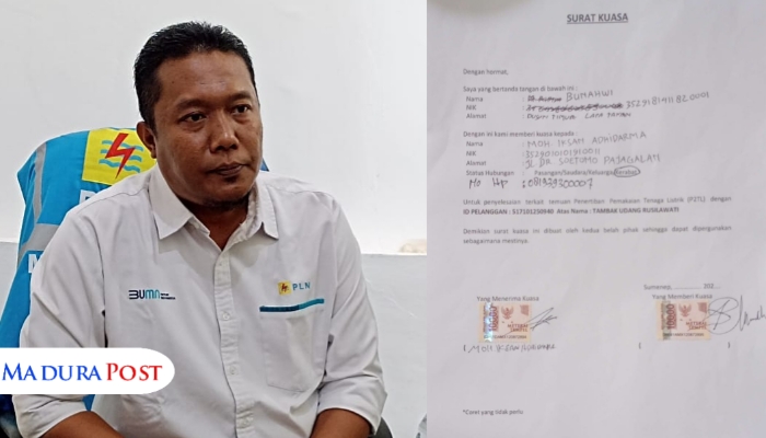 KOLASE. Potret dokumen surat kuasa yang mengatasnamakan Iksan sebagai penerima kuasa dari Bunahwi, serta Kepala ULP PLN Sumenep, Pangky Yonkynata Ardiyansyah. (M.Hendra.E/MaduraPost)