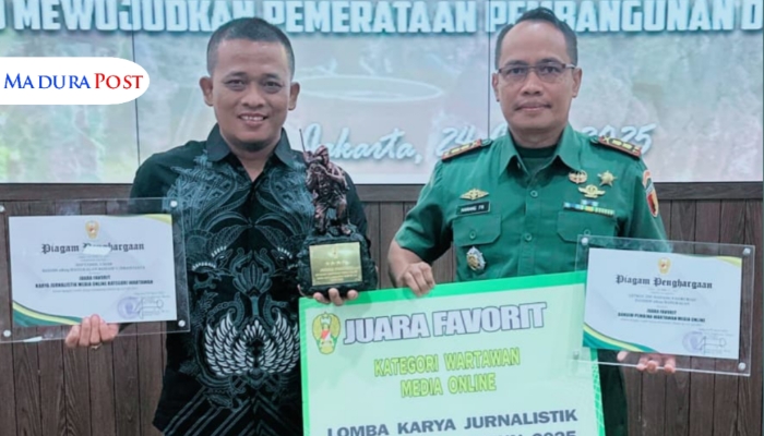 PRESTASI. Potret Miftahol, SE (kiri), reporter RRI Sampang, menerima penghargaan Juara Favorit Kategori Media Online dalam Lomba Karya Jurnalistik TMMD ke-123 Tahun 2025, didampingi Letkol Inf Nanang Fahrur Rozi, Dandim 0829/Bangkalan, di Mabesad, Jakarta. (Istimewa for MaduraPost)