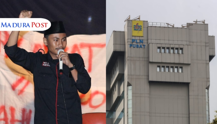 KOLASE. Potret Ketua Badan Eksekutif Mahasiswa Sumenep (BEMSU), Moh. Syauqi, saat menggelar aksi demonstrasi beberapa waktu lalu (kanan), dan kantor PLN pusat (kiri). (Istimewa for MaduraPost)