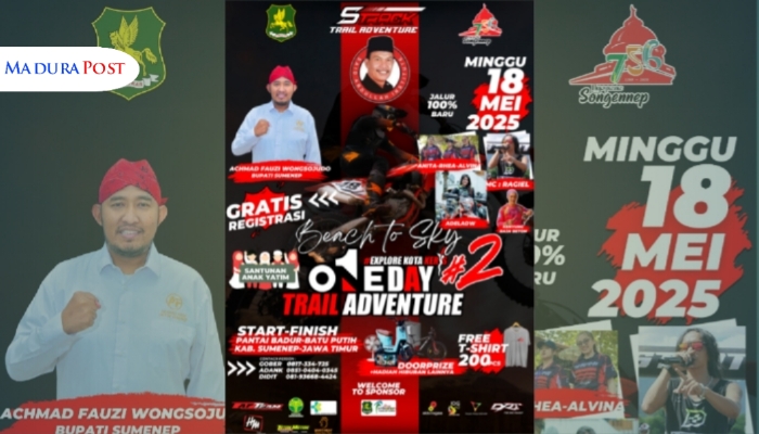 PAMFLET. Poster resmi One Day Trail Adventure #2 bertajuk Beach to Sky, yang akan digelar pada Minggu, 18 Mei 2025 di Pantai Badur, Sumenep. Event ini menghadirkan jalur baru, aksi sosial santunan anak yatim, doorprize menarik, dan partisipasi rider dari berbagai daerah. (Istimewa for MaduraPost)