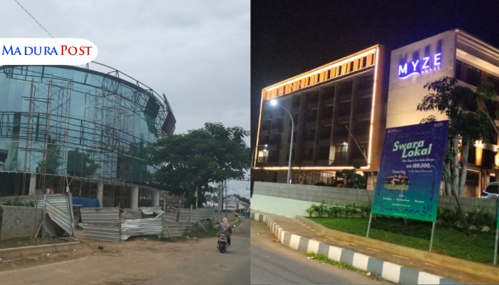 KOLASE. Keterangan foto: Bangunan Baghraf Health Clinic (kiri) yang masih dalam tahap konstruksi di Desa Babalan, dan Hotel Myze (kanan) yang berdiri megah di Desa Gedungan, Sumenep, keduanya milik Ketua Banggar DPR RI, Said Abdullah. (M.Hendra.E/MaduraPost)