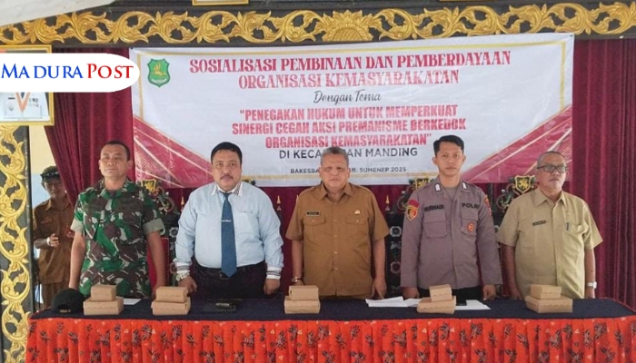 ACARA. Potret kegiatan bertajuk “Penegakan Hukum untuk Memperkuat Sinergi Cegah Aksi Premanisme Berkedok Organisasi Kemasyarakatan” tersebut dilaksanakan di Pendopo Kecamatan Manding. (Istimewa for MaduraPost)