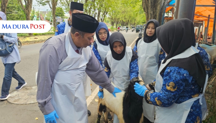 DITINJAU. Potret Kepala DKPP Sumenep, Chainur Rasyid, memeriksa kesehatan kambing kurban di salah satu lapak musiman, didampingi tim medis dan paramedis, Senin (2/6/2025). (Istimewa for MaduraPost)
