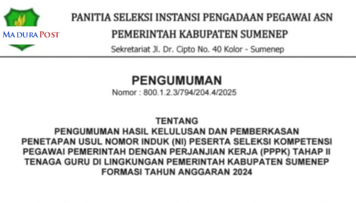 SURAT KEPUTUSAN. Potret pengumuman resmi hasil seleksi PPPK Guru Tahap II Tahun Anggaran 2024 dari BKPSDM Kabupaten Sumenep. (Istimewa for MaduraPost)