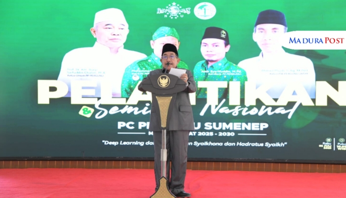 PIDATO. Wabup Sumenep, Imam Hasyim menyampaikan sambutan pada Pelantikan dan Seminar Nasional PC PERGUNU Sumenep masa khidmat 2025–2030 di Pendopo Agung Keraton. (Istimewa for MaduraPost)