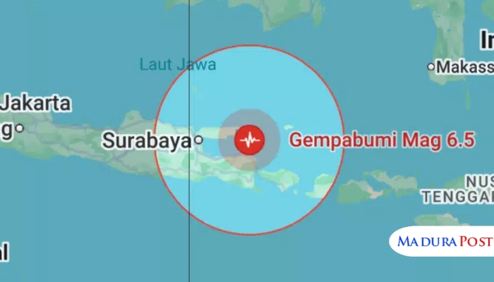 GEMPA. Peta lokasi gempa bumi magnitudo 6,5 yang mengguncang wilayah Sumenep, Jawa Timur, Selasa (30/9/2025) malam. BMKG memastikan gempa tersebut diikuti sejumlah susulan namun tidak berpotensi tsunami. (Istimewa/MaduraPost)
