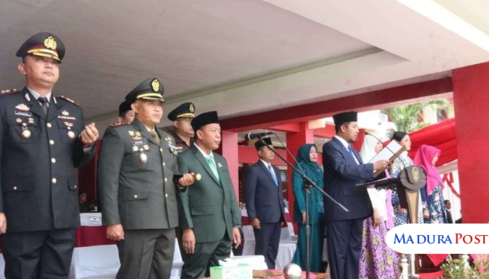 UPACARA. Potret sambutan Bupati Sumenep Achmad Fauzi Wongsojudo, dalam upacara peringatan Hari Kesaktian Pancasila 2025 di halaman Kantor Bupati, Rabu (1/10/2025) pagi. (Istimewa for MaduraPost)