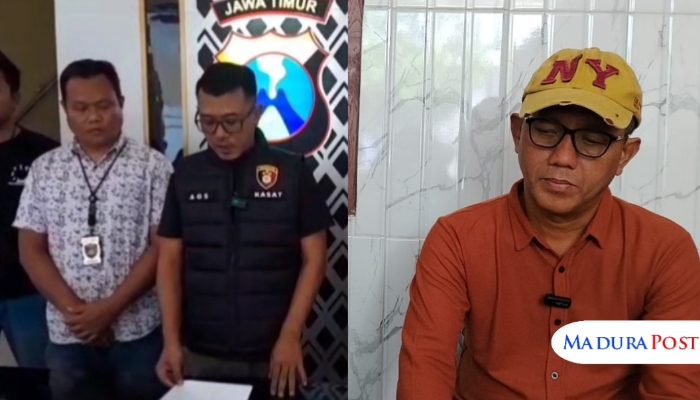KOLASE. Keterangan foto: Kasatreskrim Polres Sumenep, AKP Agus Rusdiyanto (kanan) saat konferensi pers terkait penggeledahan kasus dugaan penyalahgunaan mesin EDC Bank Jatim, dan pemilik Bang Alief, Mohammad Fajar Satria (kiri). (Istimewa for MaduraPost)