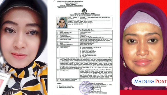 KOLASE. Pamflet DPO Maya Puspitasari yang diterbitkan Polres Sumenep dengan foto berbeda dari identitas awal tersangka kasus dugaan korupsi kerja sama mesin EDC Bank Jatim. (Istimewa for MaduraPost)