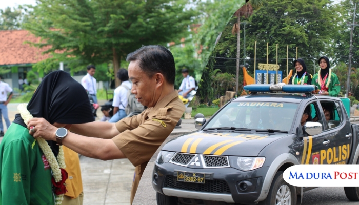 KOLASE. Kepala SMAN 1 Gapura, Kepala SMAN 1 Gapura, Halimurrahman, menyematkan kalung penghargaan kepada siswa berprestasi sebelum kirab dimulai, sementara dua siswi peraih medali POPNAS 2025 diarak menggunakan mobil kepolisian dalam Kirab Prestasi, Senin (24/11/2025). (Istimewa for MaduraPost)
