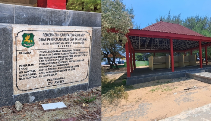 KOLASE. Prasasti proyek (kanan) dan tampak bangunan foodcourt Pantai Lombang yang terlihat belum selesai serta tidak dilengkapi plafon sesuai spesifikasi (kiri). (Istimewa for MaduraPost)