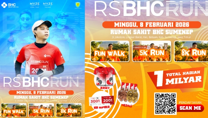 PAMFLET. RS BHC Run 2026 akan digelar pada 8 Februari 2026 di RS BHC Sumenep, menghadirkan kategori Fun Walk, 5K, dan 8K dengan konsep sport tourism serta total hadiah hingga Rp1 miliar. (Istimewa for MaduraPost)