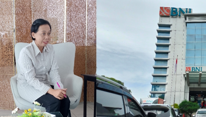 KOLASE. Operator BNI Cabang Pamekasan, Novi (kiri), dan Kantor BNI Pamekasan (kanan). Saat dimintai konfirmasi soal polemik gagal KPR, Wakil Pimpinan Cabang, Silvia Putri disebut tidak berada di tempat dengan alasan kegiatan di luar kantor. (M.Hendra.E/MaduraPost)