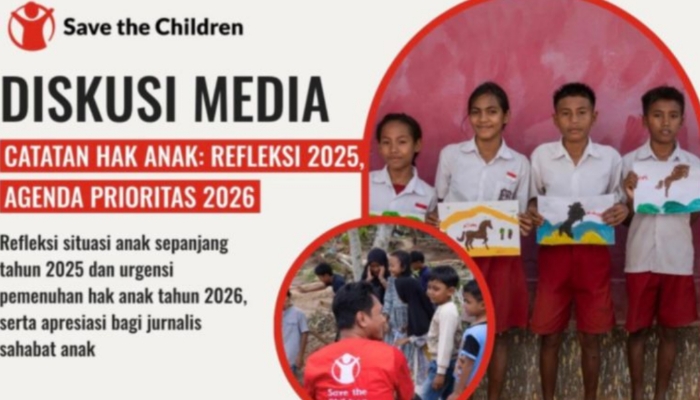 PAMFLET. Sejumlah anak berpose dalam kegiatan Save the Children Indonesia pada diskusi media yang membahas refleksi pemenuhan hak anak 2025 dan agenda prioritas perlindungan anak di tahun 2026. (Istimewa for MaduraPost)
