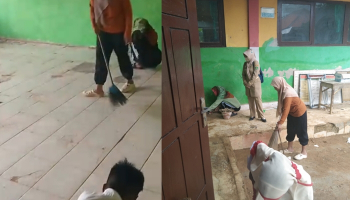 GOTONG ROYONG. Siswa dan guru SDN Brakas V melakukan kerja bakti membersihkan ruang kelas dari sisa material proyek rehabilitasi yang ditinggalkan pascapengerjaan. (Istimewa for MaduraPost)