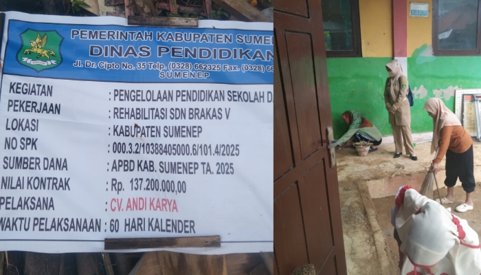 KOLASE. Siswa dan guru SDN Brakas V melakukan kerja bakti membersihkan ruang kelas dari sisa material proyek rehabilitasi yang ditinggalkan pascapengerjaan. (Istimewa for MaduraPost)