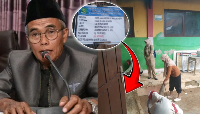 KOLASE. Anggota Komisi IV DPRD Sumenep, Samie’oddien (kanan), dan kondisi SDN Brakas V usai proyek rehabilitasi, di mana siswa dan guru tampak membersihkan sisa material bangunan yang ditinggalkan pelaksana pekerjaan (kiri). (Istimewa for MaduraPost)
