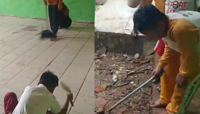 KOLASE. Kondisi SDN Brakas V, siswa dan warga sekolah membersihkan sisa material bangunan pascaproyek rehabilitasi yang belum tuntas, sehingga mengganggu kenyamanan dan proses belajar mengajar. (Istimewa for MaduraPost)