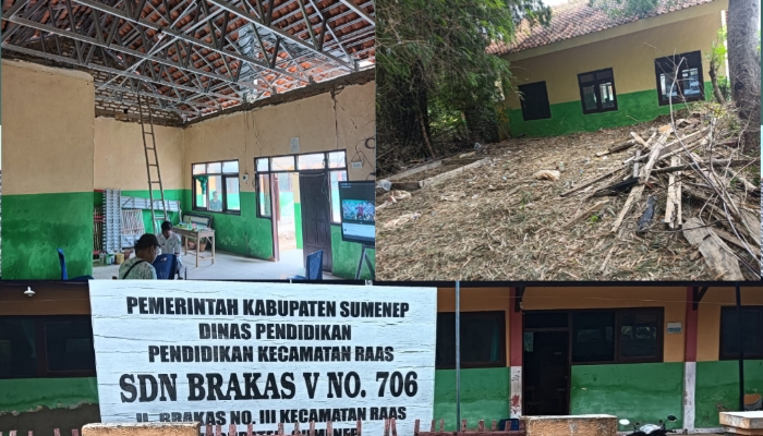 KOLASE. Kondisi SDN Brakas V, Pulau Ra’as, ruang kelas dan lingkungan sekolah tampak belum sepenuhnya tertata usai proyek rehabilitasi, menyisakan pekerjaan yang dinilai belum tuntas. (Istimewa for MaduraPost)
