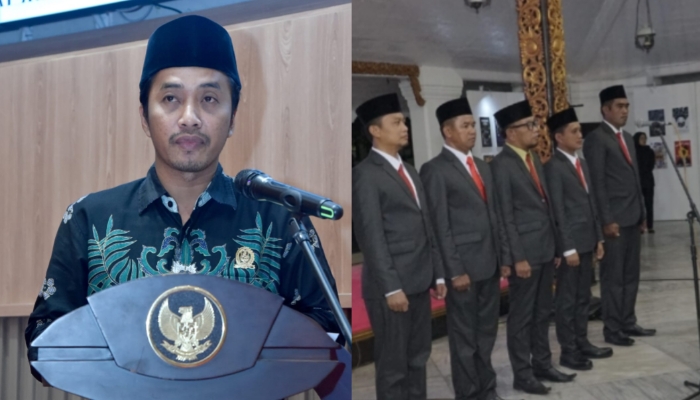 KOLASE. Anggota Komisi I DPRD Sumenep, Ahmad Juhairi (kanan), dan prosesi pelantikan Komisioner Komisi Informasi Kabupaten Sumenep periode 2025-2029 di Pendopo Agung Keraton (kiri). (Istimewa for MaduraPost)
