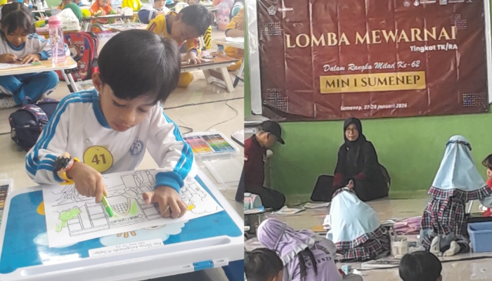 KOLASE. Peserta lomba, Ade Dimas Reigananda Al Jabbar, mewarnai tingkat TK/RA tampak fokus menuangkan kreativitas dalam rangka Milad ke-62 MIN 1 Sumenep. (Istimewa for MaduraPost)