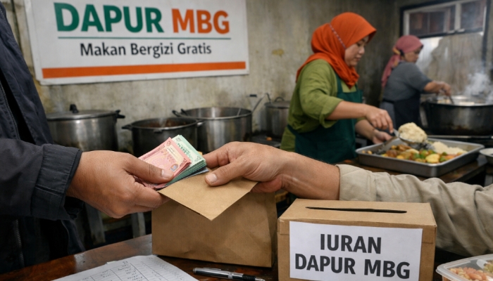 ILUSTRASI. Penyerahan iuran di dapur Program MBG. (istimewa/AI/MaduraPost)