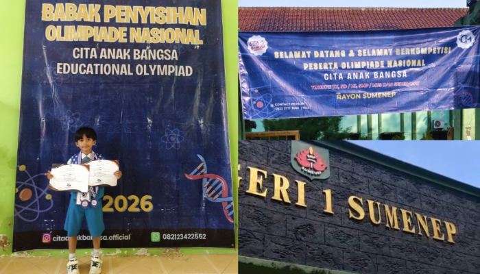 KOLASE. Dimas, siswa TK A Pembina Negeri Kabupaten Sumenep, berpose dengan sertifikat dan medali usai mengikuti babak penyisihan Olimpiade Nasional Cita Anak Bangsa di SMPN 1 Sumenep. (Istimewa for MaduraPost)