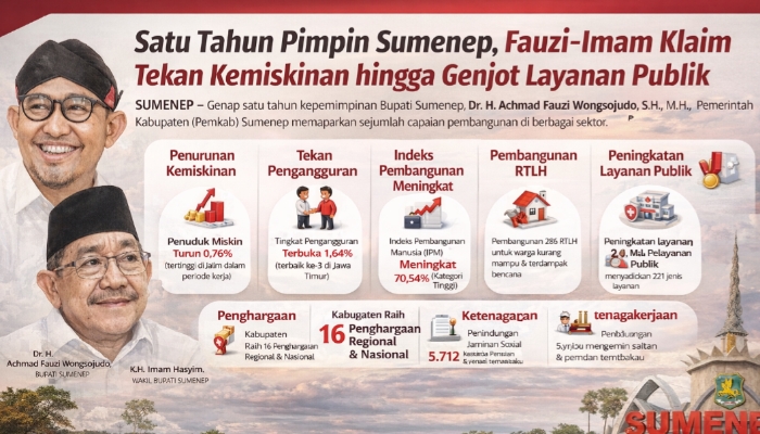 PAMFLET. Bupati Achmad Fauzi Wongsojudo dan Wakil Bupati Imam Hasyim dalam rilis capaian satu tahun kepemimpinan, menyoroti kinerja pembangunan dan peningkatan layanan publik di Kabupaten Sumenep. (Istimewa/AI/MaduraPost)