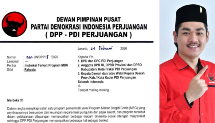 KOLASE. Surat instruksi DPP PDI Perjuangan terkait program MBG tertanggal 24 Februari 2026, disandingkan dengan potret anggota DPRD Sumenep Fraksi PDIP, Eka Bhagas Nur Ardiansyah, yang namanya dikaitkan dalam isu kepemilikan dapur MBG. (Istimewa for MaduraPost)