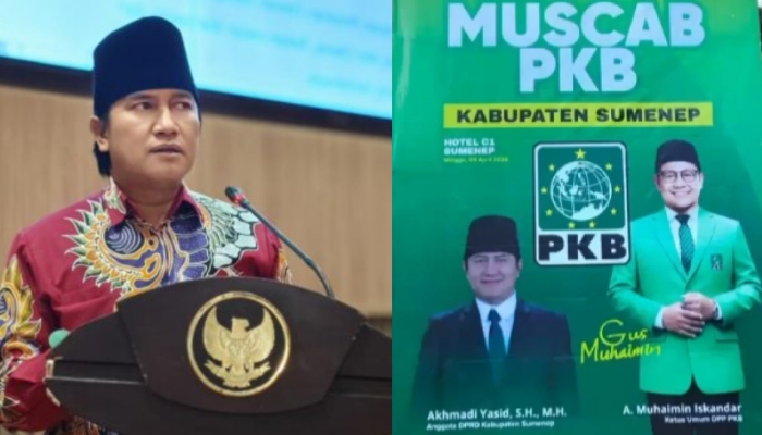 KOLASE. Profil Akhmadi Yasid dalam momentum Muscab PKB Kabupaten Sumenep 2026 (kanan), dengan latar poster kegiatan dan potret Ketua Umum PKB Muhaimin Iskandar. (Istimewa for MaduraPost)