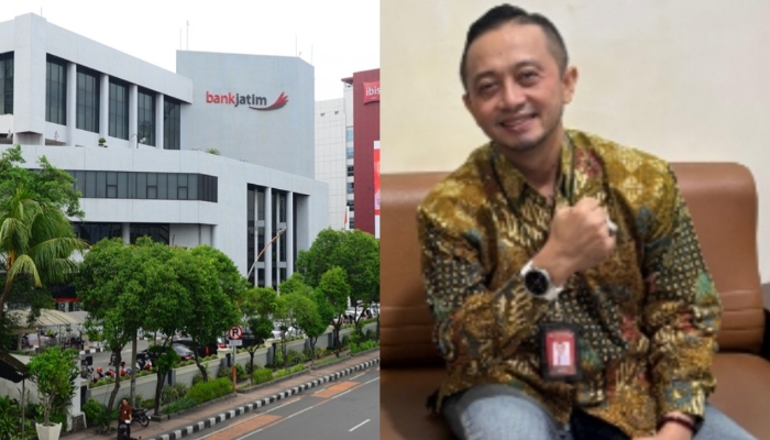 KOLASE. Kantor pusat Bank Jatim (kanan) dan potret Pimpinan Cabang Sumenep, Eko Budi Prakoso, yang disebut tengah melakukan koordinasi ke pusat terkait perkembangan kasus dugaan korupsi Rp23 miliar. (Istimewa for MaduraPost)