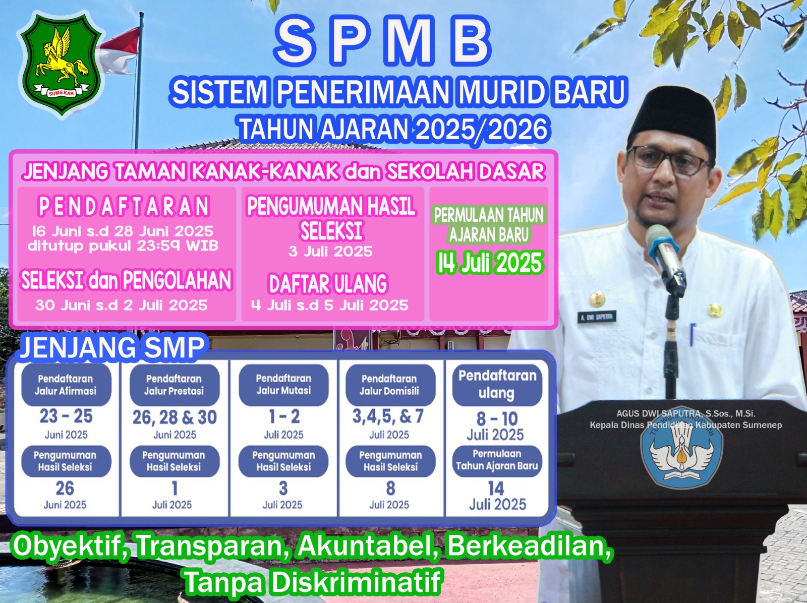 FLAYER. Kepala Disdik Sumenep, Agus Dwi Saputra, menyampaikan informasi resmi jadwal SPMB Tahun Ajaran 2025/2026 untuk jenjang TK, SD, dan SMP, dengan prinsip objektif, transparan, akuntabel, dan tanpa diskriminasi. (Istimewa for MaduraPost)